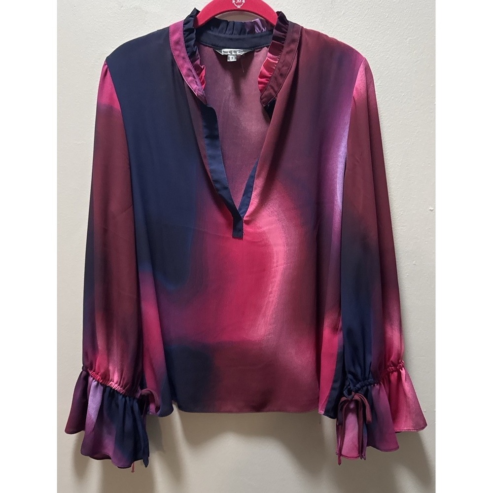 Nicole Miller Pink and Navy Ombre Satin Blouse